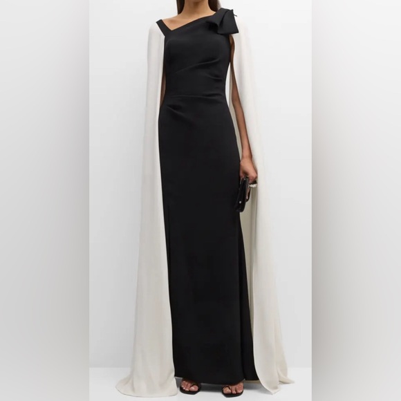 Rickie Freeman For Teri JonTwo-Tone Cape-Sleeve Crepe Column Gown
